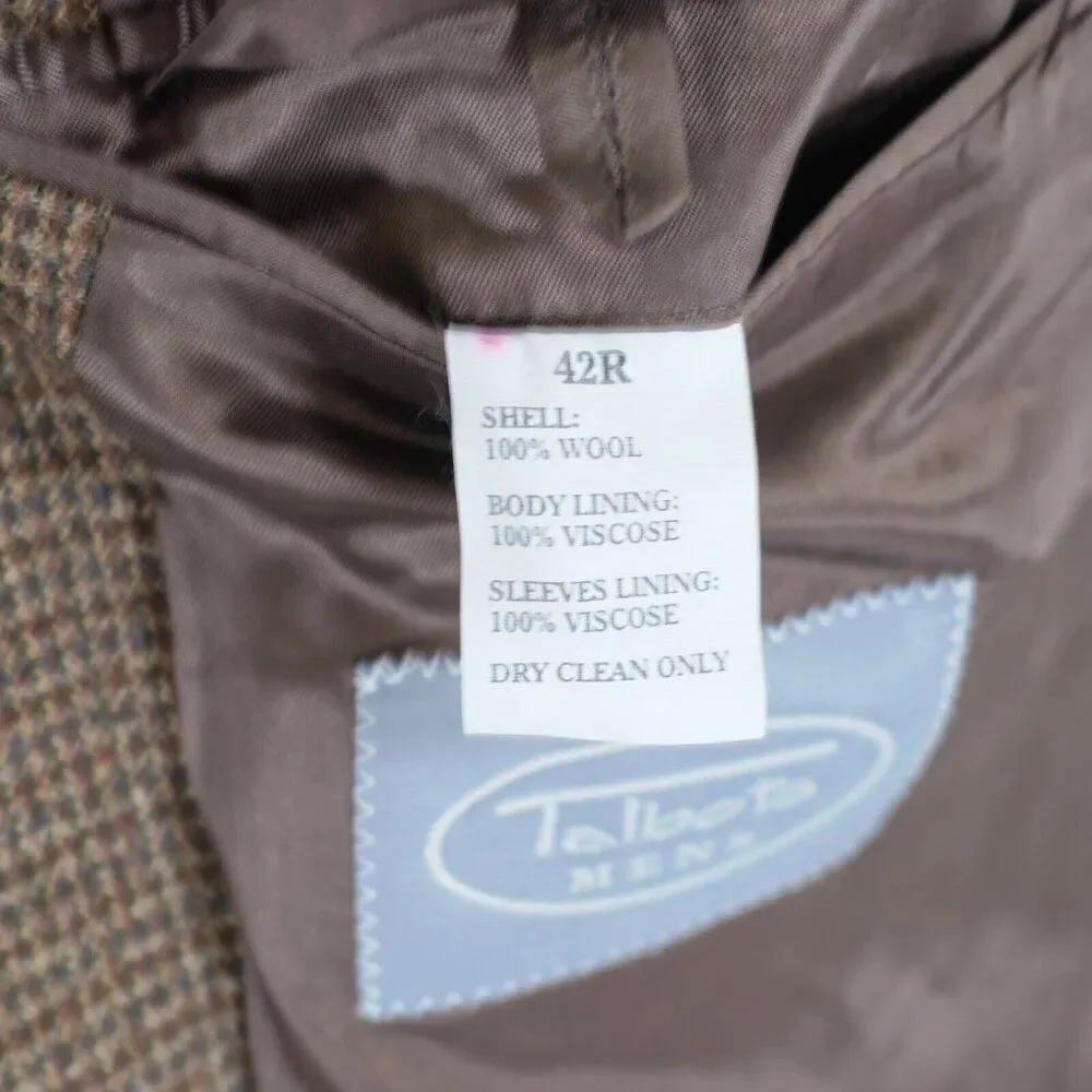 Talbots Men Brown Tan Gray Check‎ Tweed Wool 3 Button Sport Coat 42R